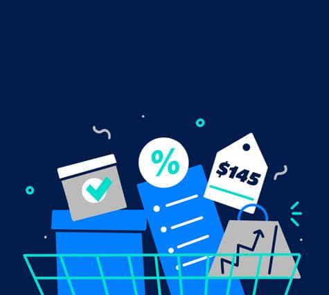 Illustration of shopping car with different items and price tag to represent average order value.