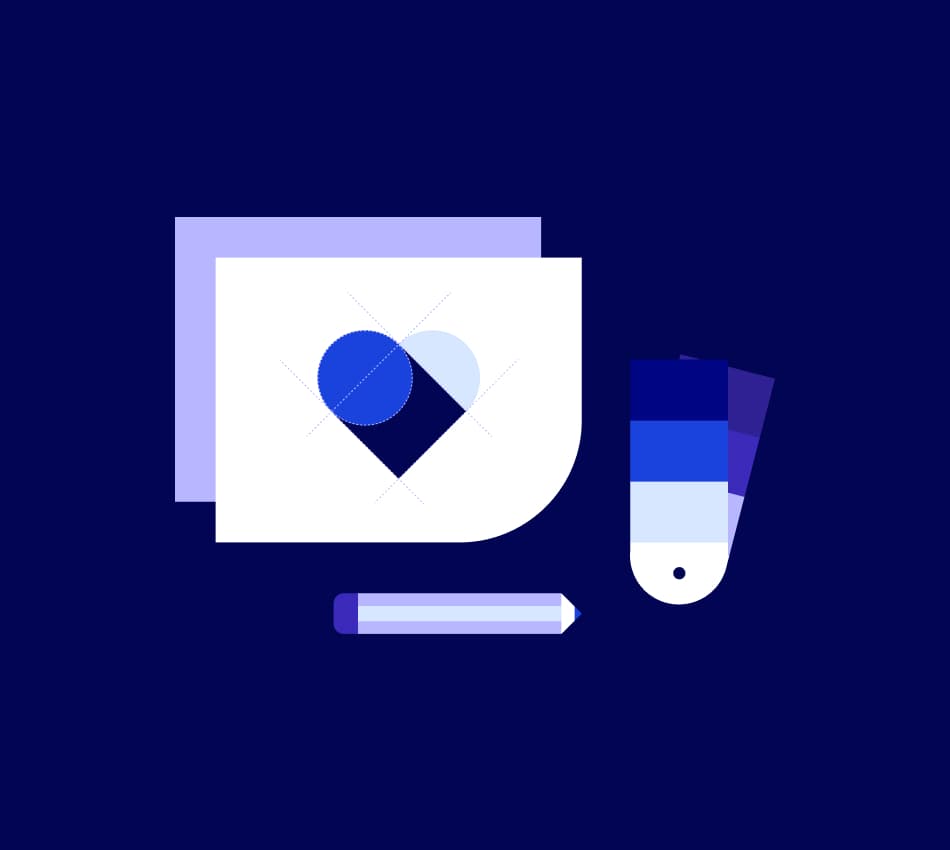 Illustration of color swatches, logo sketches, and a pencil.