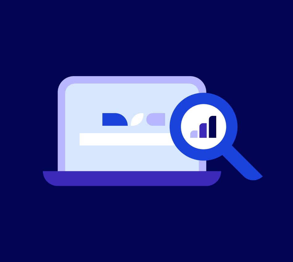 Illustration of a magnifying glass hovering over a search page on a laptop screen.