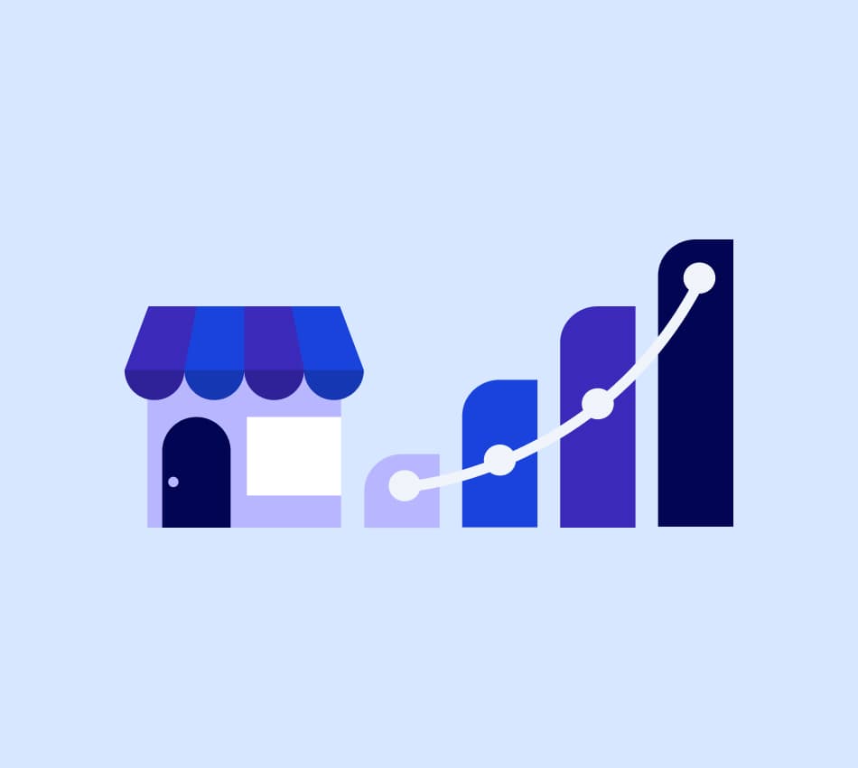 Illustration of a small business store next to an increasing bar graph that represents business credit.